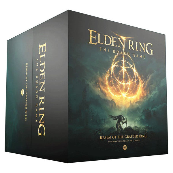 Elden Ring: Realm of the Grafted King - Dark-themed Elden Ring board game box with glowing fiery sigil and silhouetted warrior on front.