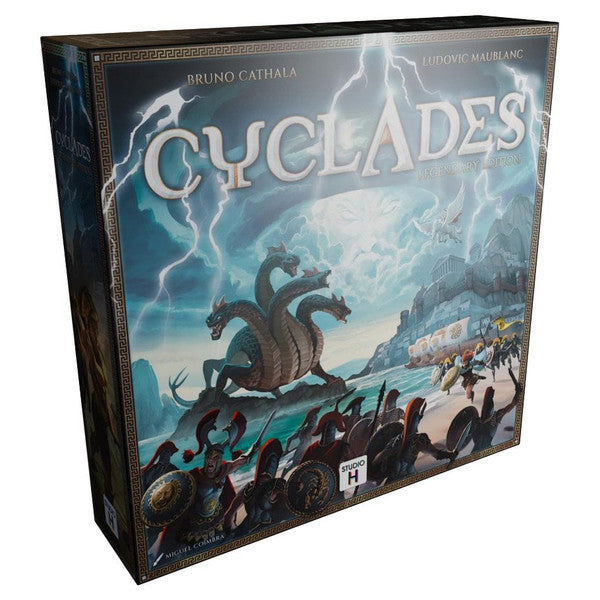 Cyclades - Cyclades strategy board game box featuring mythological sea monster and lightning over ancient Greek island coastline.