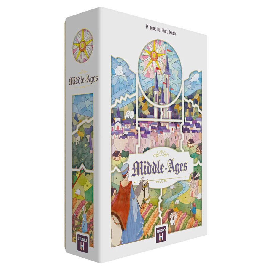 Middle-Ages - Strategy board game box with medieval-themed illustrated cover art featuring castles, knights, and landscapes in soft pastel