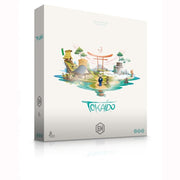 Tokaido - Tokaido board game box with minimalist white background, colorful illustration of Japanese landscape and characters, teal.