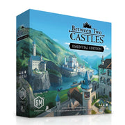 Between Two Castles: ESSENTIAL EDITION - Board game box featuring a scenic castle landscape with blue sky and green hills, labeled Between Two Castles Essential.