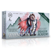 Wyrmspan: Dragon Academy - Rectangular game box featuring a colorful, detailed dragon illustration with red wings and blue accents, labeled Wyrmspan.