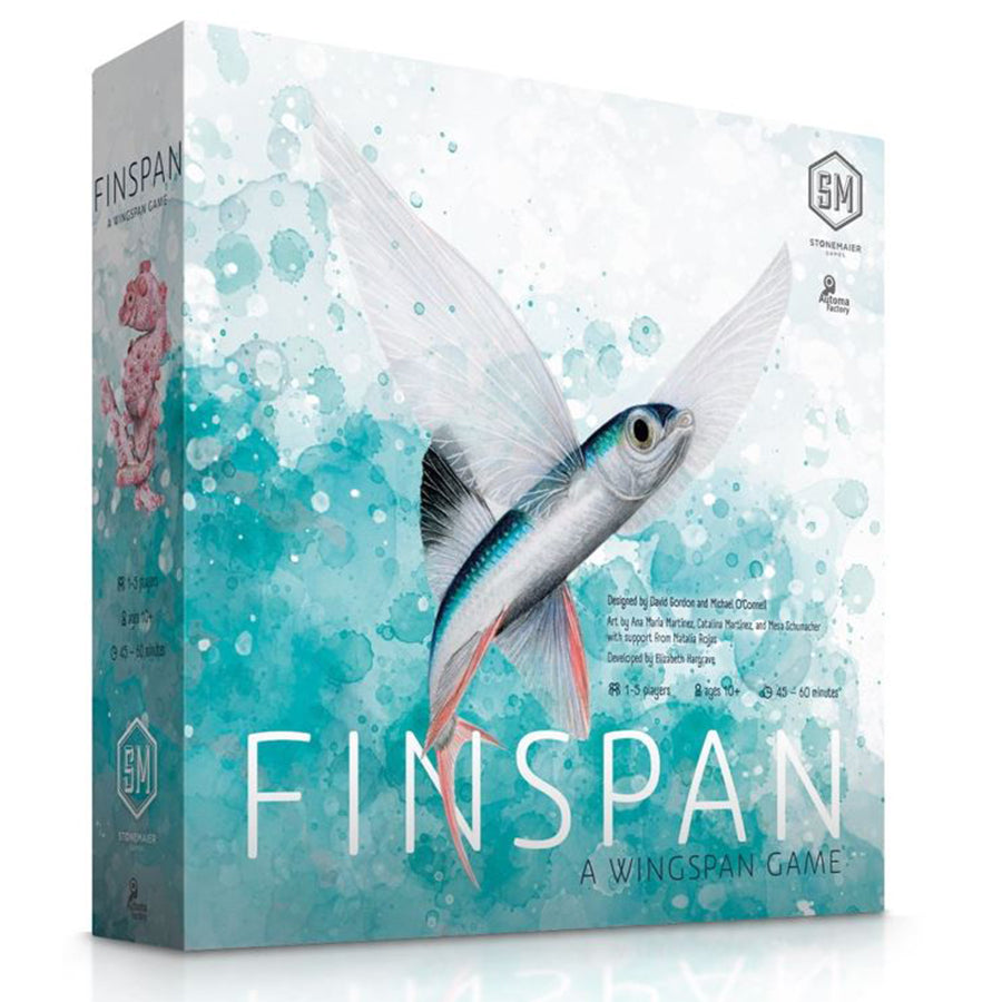 Finspan - Box for Finspan game with blue and teal watercolor splash, featuring a flying fish illustration.