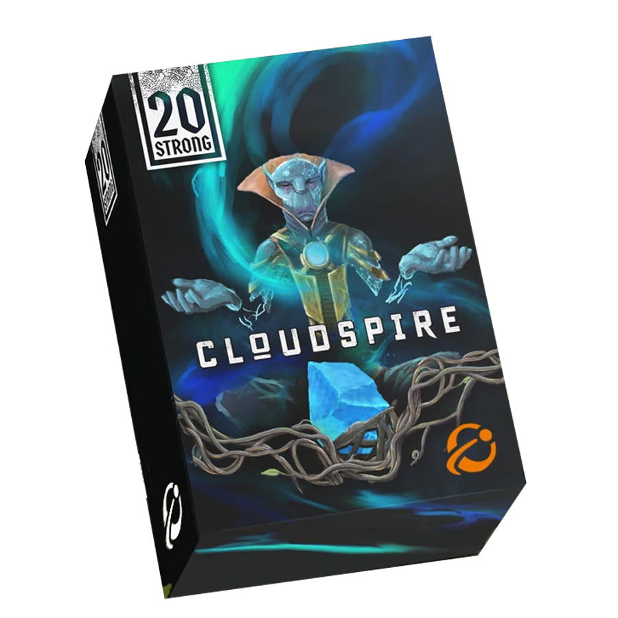 20 Strong: Cloudspire - Cloudspire card game featuring blue mystical figure and dark swirling background.