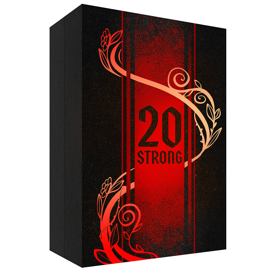 20 Strong: Tanglewoods Base Game - Black rectangular box with red vertical stripe and floral design, featuring "20 Strong" in bold red letters on front.