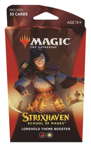 Magic: The Gathering - Strixhaven: School of Mages Theme Booster - Lorehold - The Gathering Strixhaven Lorehold booster, featuring a female mage wielding fire magic, labeled with "35 cards" and "Age.