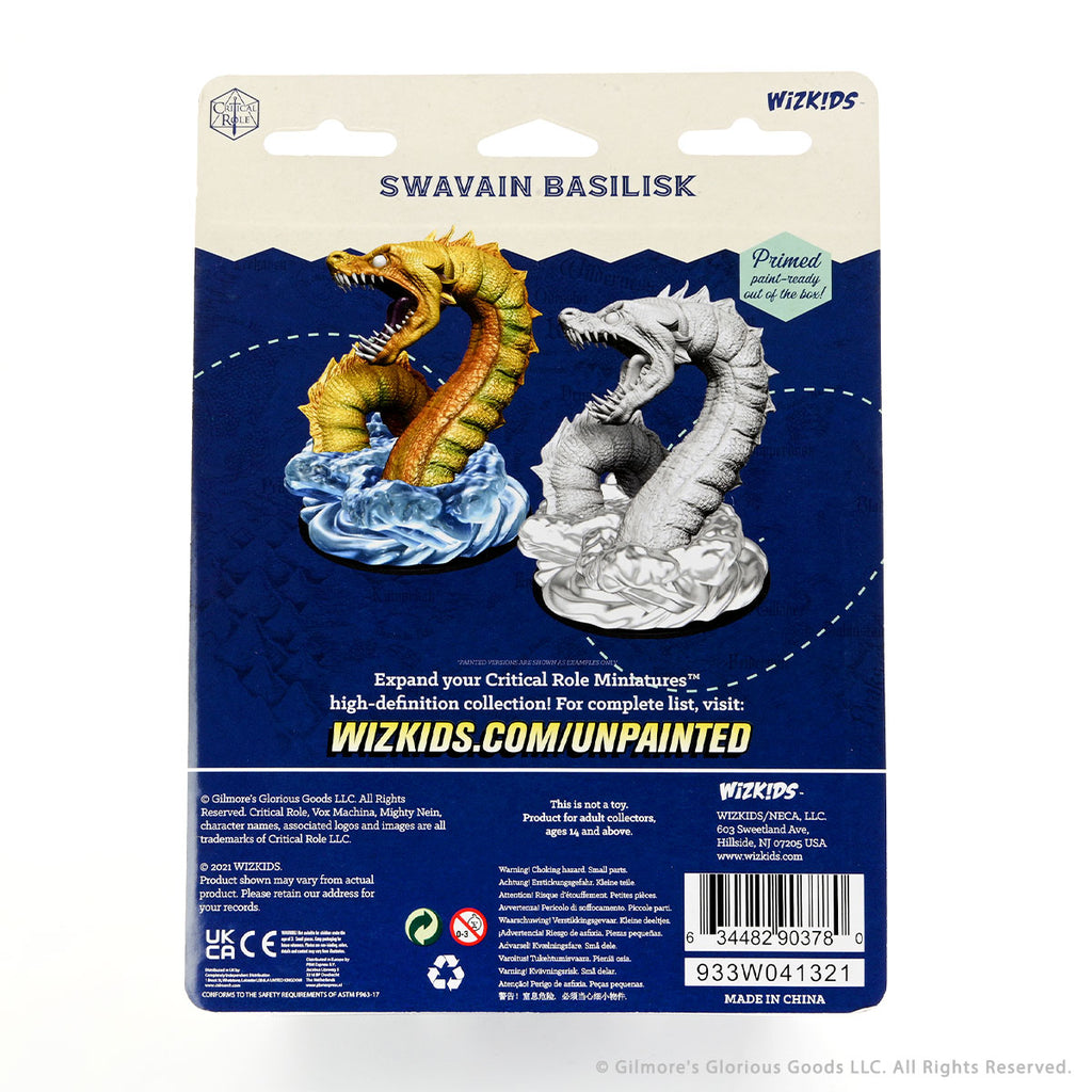 Critical Role Mini: Swavian Basilisk - Swavian Basilisk miniature with double serpent heads on rocky base, unpainted gray resin model.