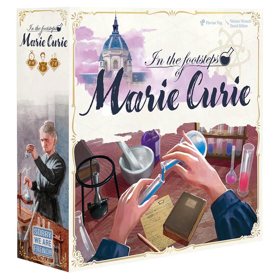 In the Footsteps of Marie Curie - Board game box with vintage scientific illustration of hands holding glassware, a mortar and pestle, and a historical.