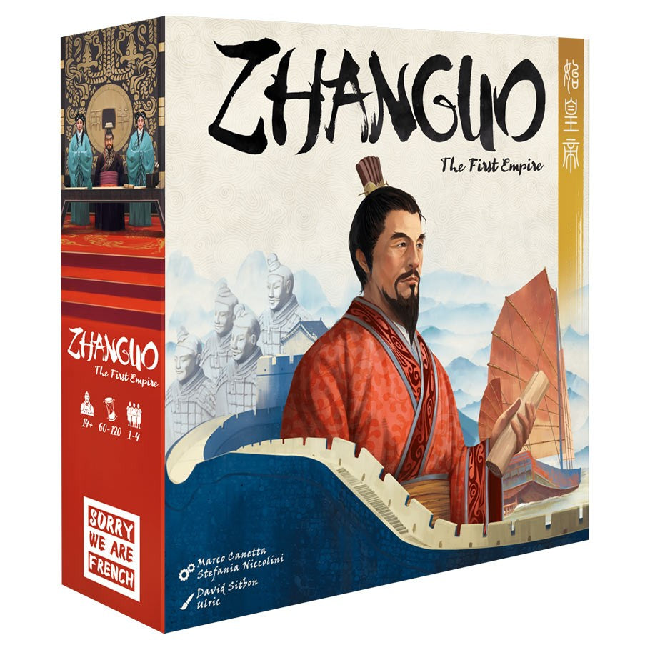 Zhanguo: The First Empire - Board game box featuring an illustrated ancient Chinese emperor in red robes with a scroll and a cityscape in the background.