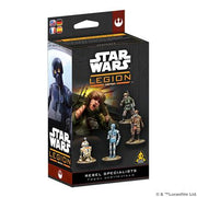 Star Wars: Legion - Rebel Specialists - Star Wars Legion Rebel Specialists game box featuring detailed miniatures of Rebel characters in combat poses on a black.