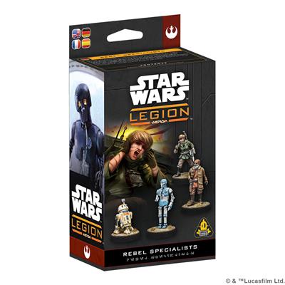 Star Wars: Legion - Rebel Specialists - Star Wars Legion Rebel Specialists game box featuring detailed miniatures of Rebel characters in combat poses on a black.