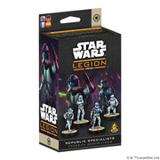 Star Wars Legion: Republic Specialists - Star Wars Legion Republic Specialists game box featuring four detailed miniature figures in battle poses, with dark purple.