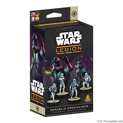 Star Wars Legion: Republic Specialists - Star Wars Legion Republic Specialists game box featuring four detailed miniature figures in battle poses, with dark purple.