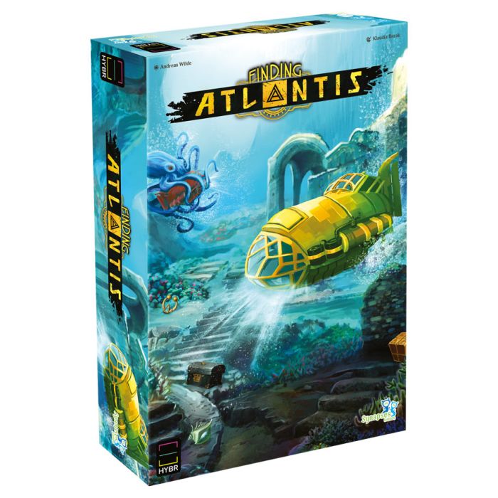 Finding Atlantis - Box of Finding Atlantis board game featuring underwater scene with yellow submarine and ancient ruins in blue and green.