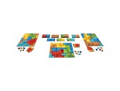 Pyramido - Colorful geometric board game with pyramid-shaped pieces and multiple player mats arranged on a white surface.