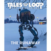 Tales From the Loop: The Board Game - The Runaway - Board game expansion box with a blue-toned sci-fi landscape and a large robotic walker standing on snowy ground at dusk.