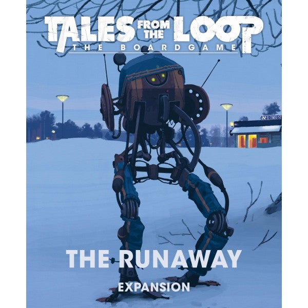 Tales From the Loop: The Board Game - The Runaway - Board game expansion box with a blue-toned sci-fi landscape and a large robotic walker standing on snowy ground at dusk.
