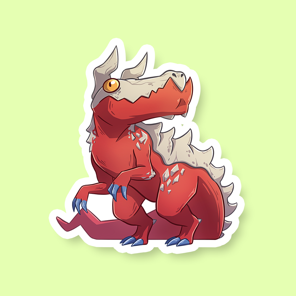 Tarrasque DnD Sticker - Red and beige stylized Tarrasque monster sticker with blue claws and a cartoonish design.
