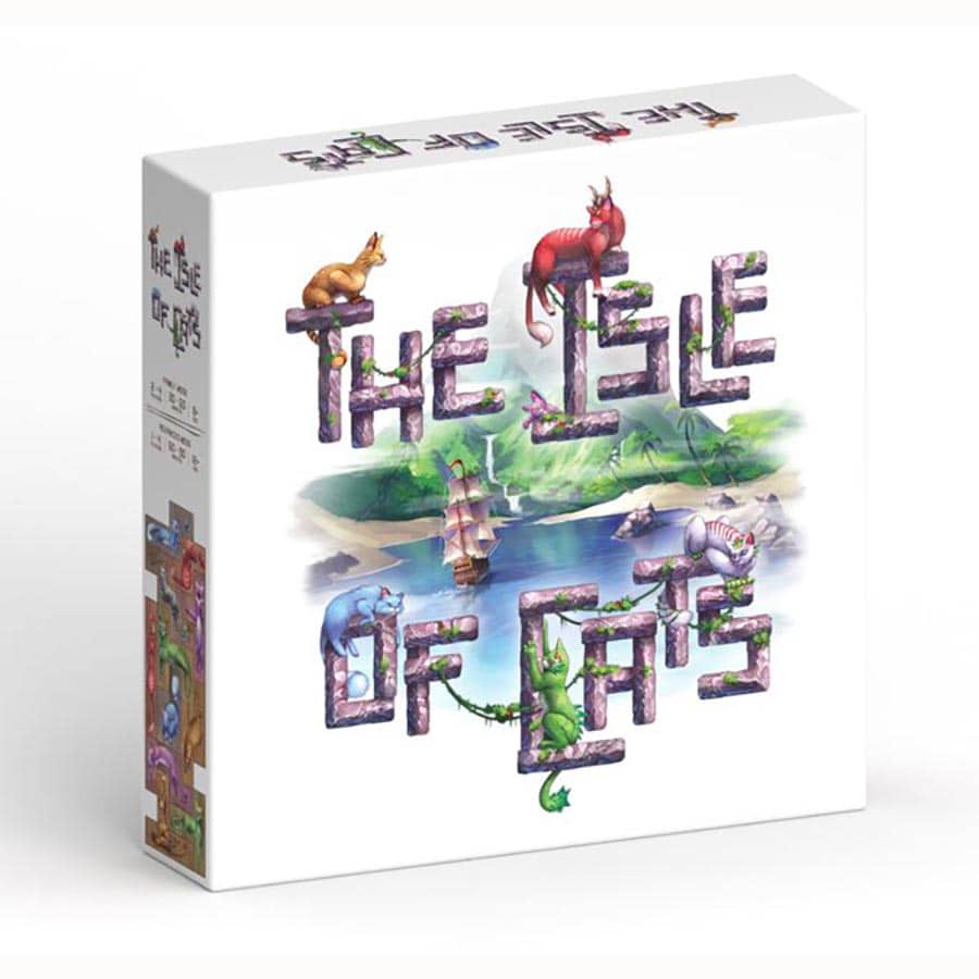 The Isle of Cats - Square board game box with colorful lettering spelling "The Isle of Cats" surrounded by illustrations of cats, a ship, and.