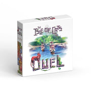 The Isle of Cats Duel - Square game box with colorful island and ships illustration, titled The Isle of Cats Duel in playful purple font.