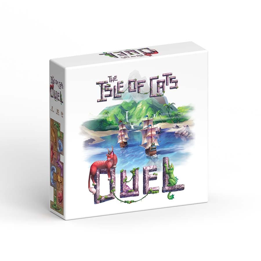 The Isle of Cats Duel - Square game box with colorful island and ships illustration, titled The Isle of Cats Duel in playful purple font.