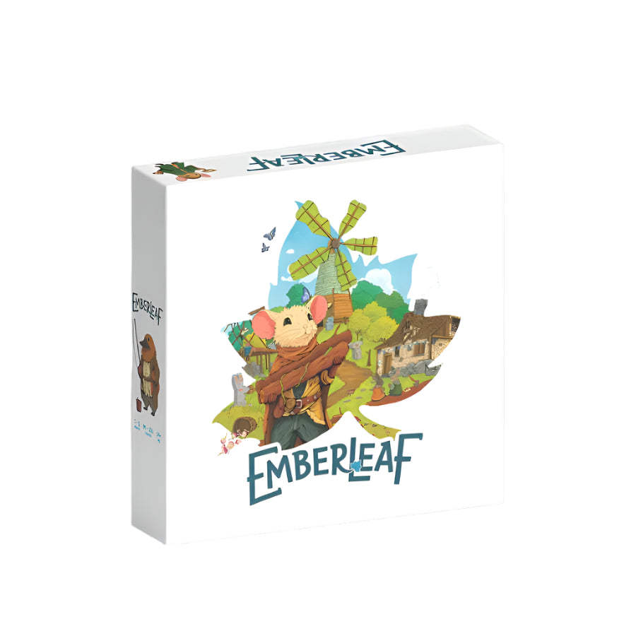 Emberleaf - White square box with colorful fantasy village illustration and blue Emberleaf logo.