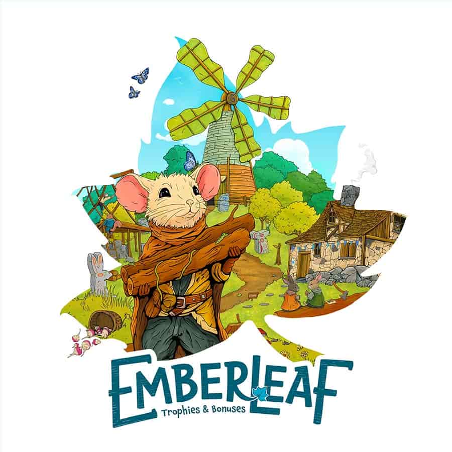 Emberleaf: Trophies and Bonuses Expansion - Illustrated mouse character carrying logs in front of a countryside windmill and cottage, Emberleaf logo below.