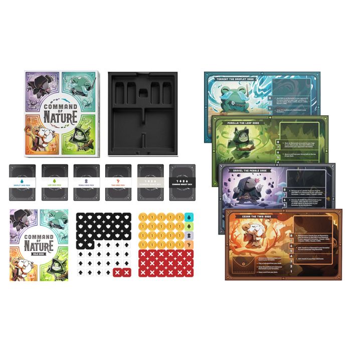 Command of Nature - Strategy card game set with four elemental-themed player boards, tokens, cards, and compact storage tray.