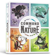 Command of Nature - Square board game box with colorful, cartoon-style illustrations of four distinct characters in purple, teal, orange, and.