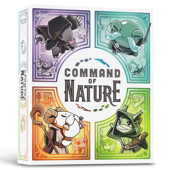 Command of Nature - Square board game box with colorful, cartoon-style illustrations of four distinct characters in purple, teal, orange, and.