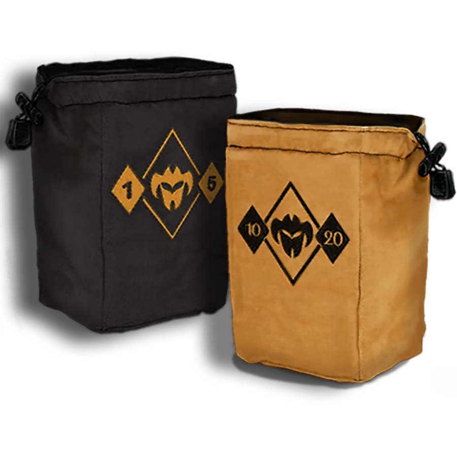 The Elder Scrolls: Betrayal of the Second Era: DELUXE DRAW BAGS - Black and tan deluxe draw bags with gold Elder Scrolls symbols and numbered diamond designs for board game accessories.