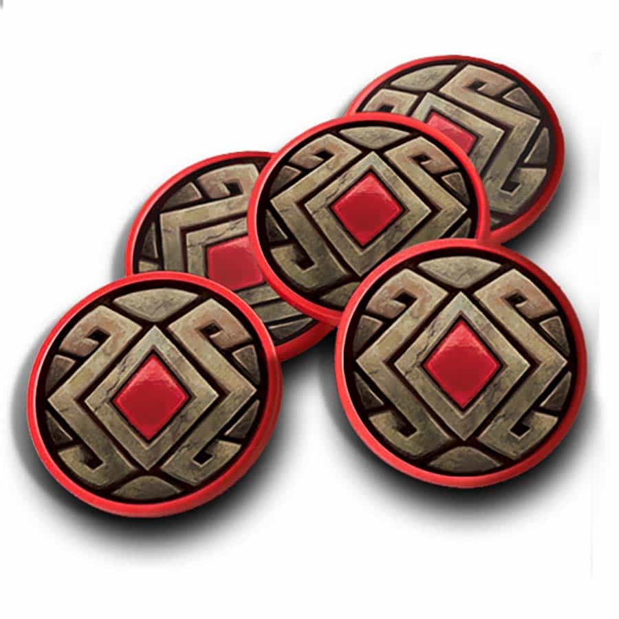 The Elder Scrolls: Betrayal of the Second Era: PREMIUM HEALTH TOKENS - Round premium health tokens with tribal geometric patterns in bronze and red trim for board games.
