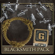 The Elder Scrolls: Betrayal of the Second Era: BLACKSMITH PACK - Blacksmith-themed board game tokens including a bronze dragon wreath and a metallic number 6 die on a dark background.