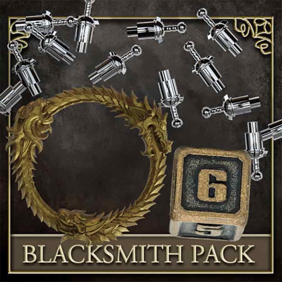 The Elder Scrolls: Betrayal of the Second Era: BLACKSMITH PACK - Blacksmith-themed board game tokens including a bronze dragon wreath and a metallic number 6 die on a dark background.