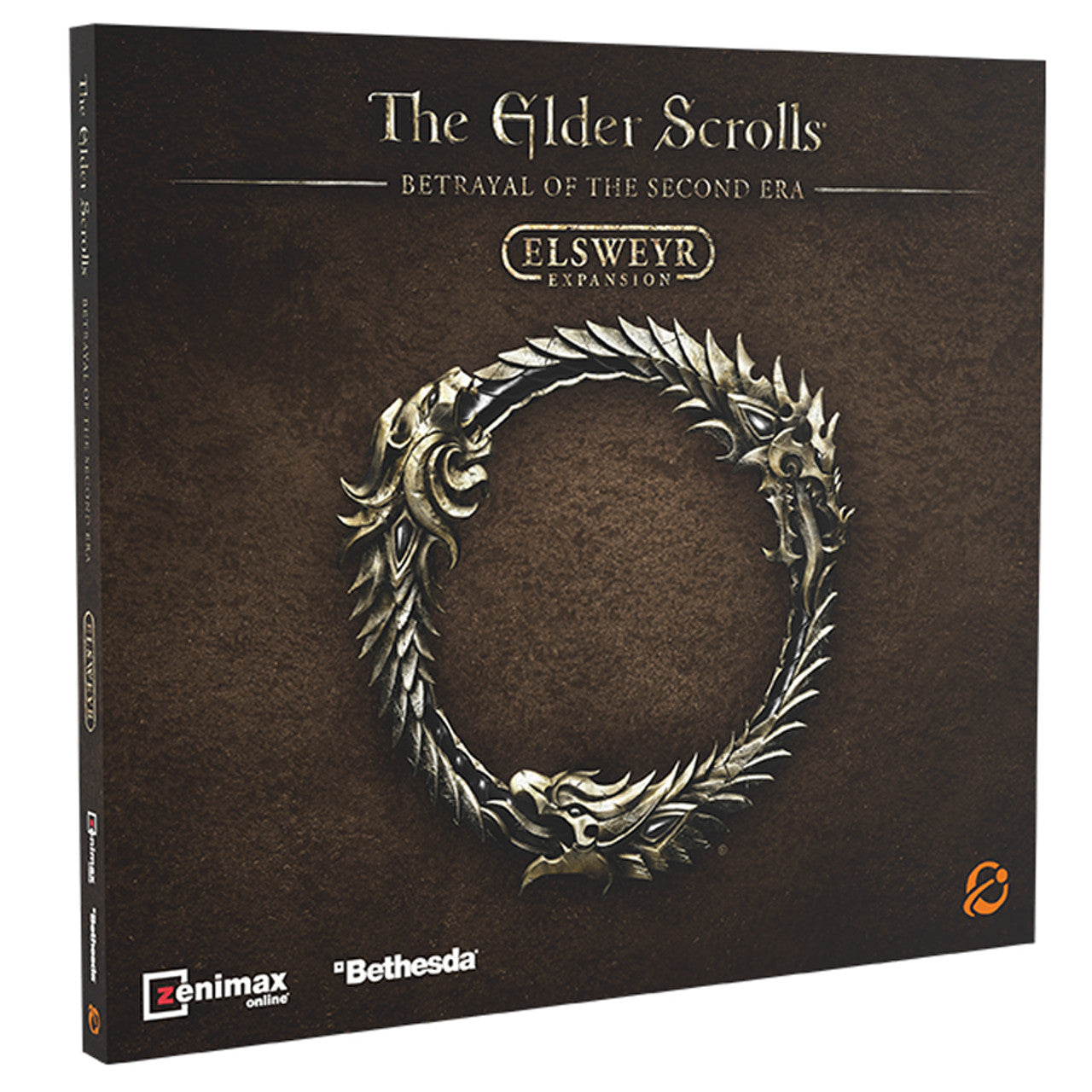 The Elder Scrolls: Betrayal of the Second Era: Elsweyr Expansion (PREORDER) - The Elder Scrolls Betrayal of the Second Era Elsweyr Expansion board game with dark brown background and silver dragon.