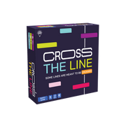 Cross The Line - Dark purple square box with colorful horizontal lines and bold white and blue text reading Cross The Line party game.