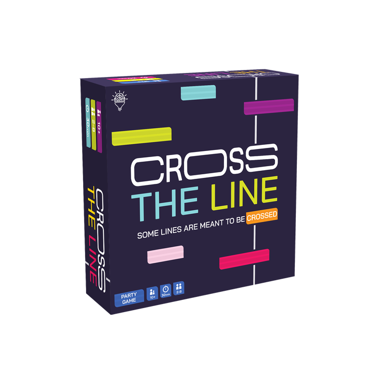 Cross The Line - Dark purple square box with colorful horizontal lines and bold white and blue text reading Cross The Line party game.