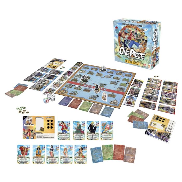 One Piece: Adventure Island - One Piece Adventure Island board game with colorful illustrated cards, game board, dice, tokens, and boxed packaging.