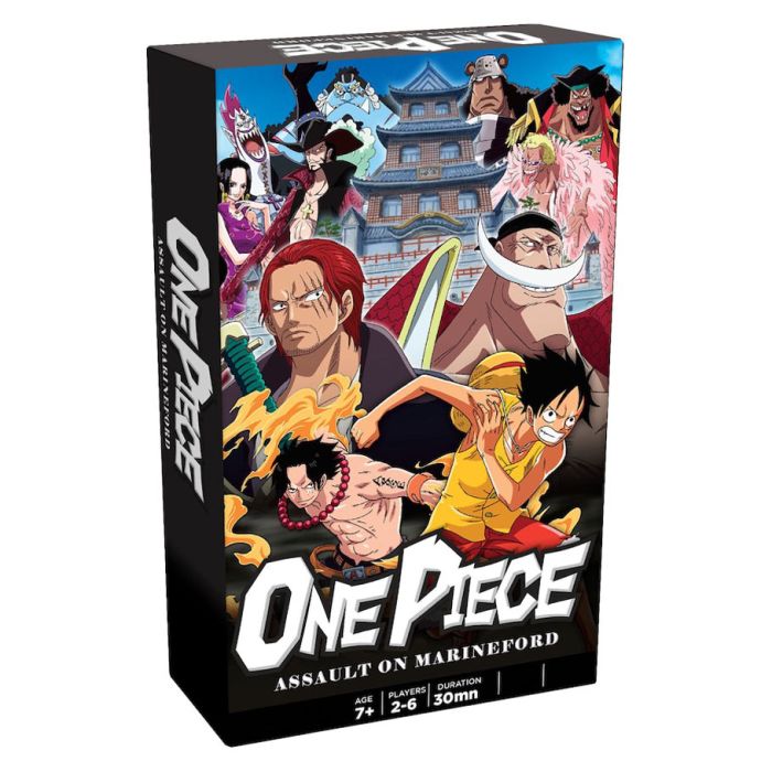 One Piece: Assault on Marine Ford - Rectangular board game box featuring colorful anime characters from One Piece with a Japanese fortress background and bold.