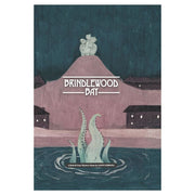 Brindlewood Bay - Dark teal and mauve fantasy map with tentacles rising from water, silhouetted buildings, and bold white Brindlewood Bay.