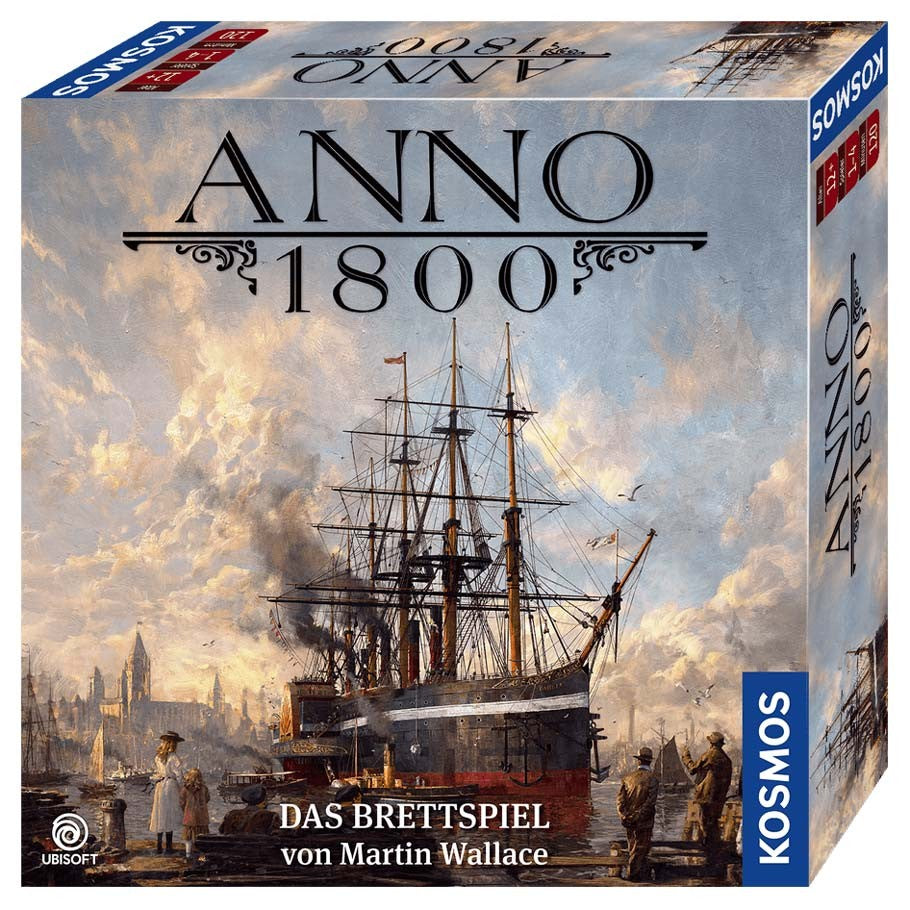 Anno 1800 - Anno 1800 strategy board game box featuring a detailed vintage ship sailing on a cloudy sky background with historic.