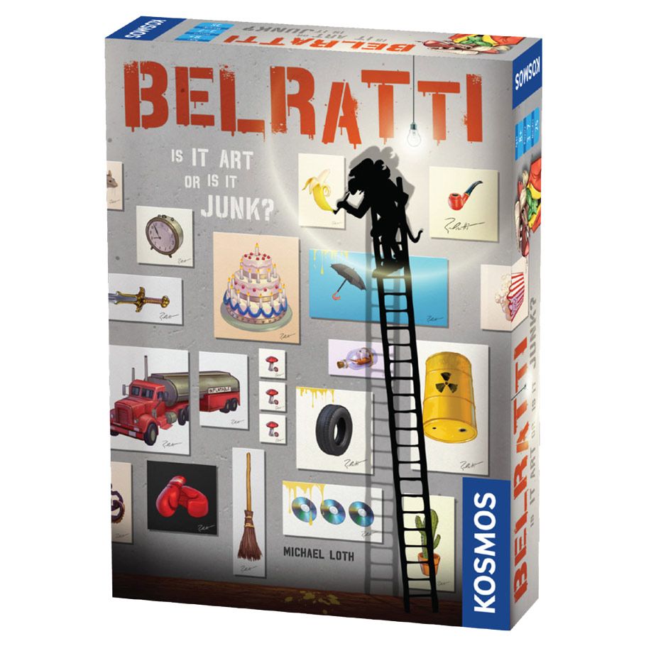 Belratti - Belratti card game box with colorful illustrated cards featuring art and junk items, and a silhouette figure climbing a.
