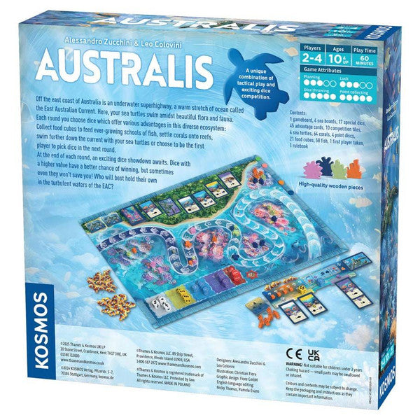 Australis - Australis board game box showing colorful game board with islands, cards, and tokens on a blue ocean background.