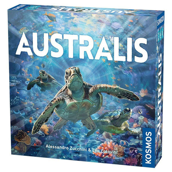 Australis - Board game box featuring an ocean scene with a swimming sea turtle and colorful coral reefs labeled Australis.