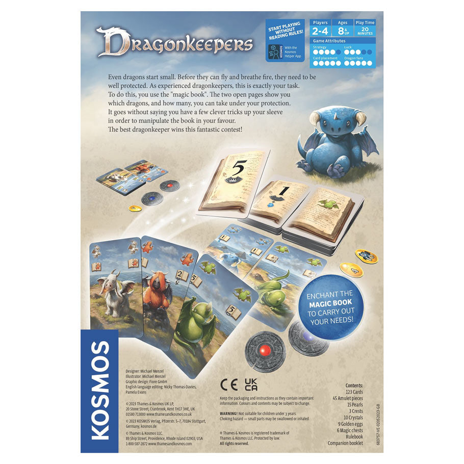 Dragonkeepers - Dragonkeepers card game box with illustrated cards, rulebook, tokens, and a small blue dragon figure on a beige background.