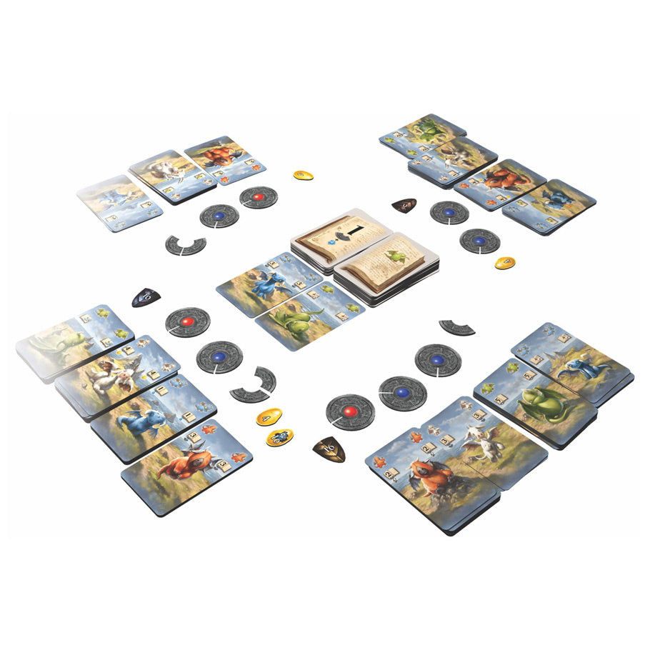 Dragonkeepers - Card game setup with illustrated dragon-themed cards, circular tokens, and two decks on a white surface.