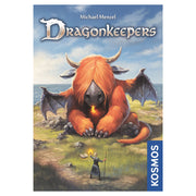 Dragonkeepers - Board game box featuring a large orange dragon with wings and horns, facing a small human figure holding a staff under a.