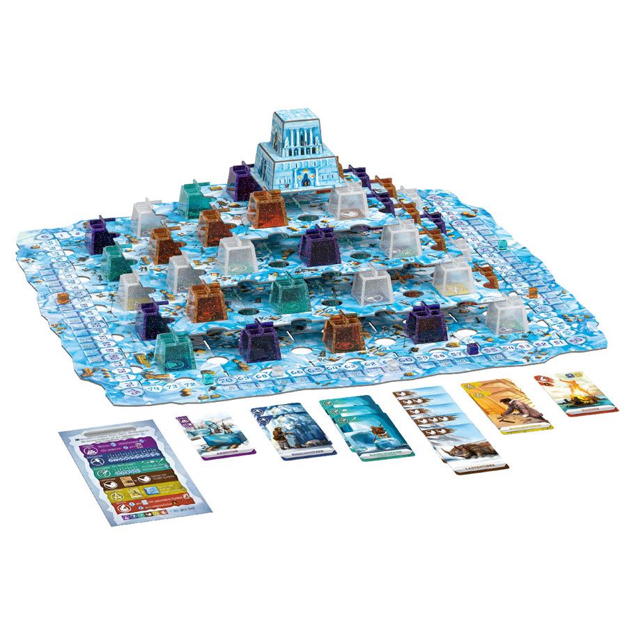 Nunatak: Temple of Ice - 3D strategy game board resembling an icy pyramid with blue and translucent blue pieces on a frosted square grid, surrounded.