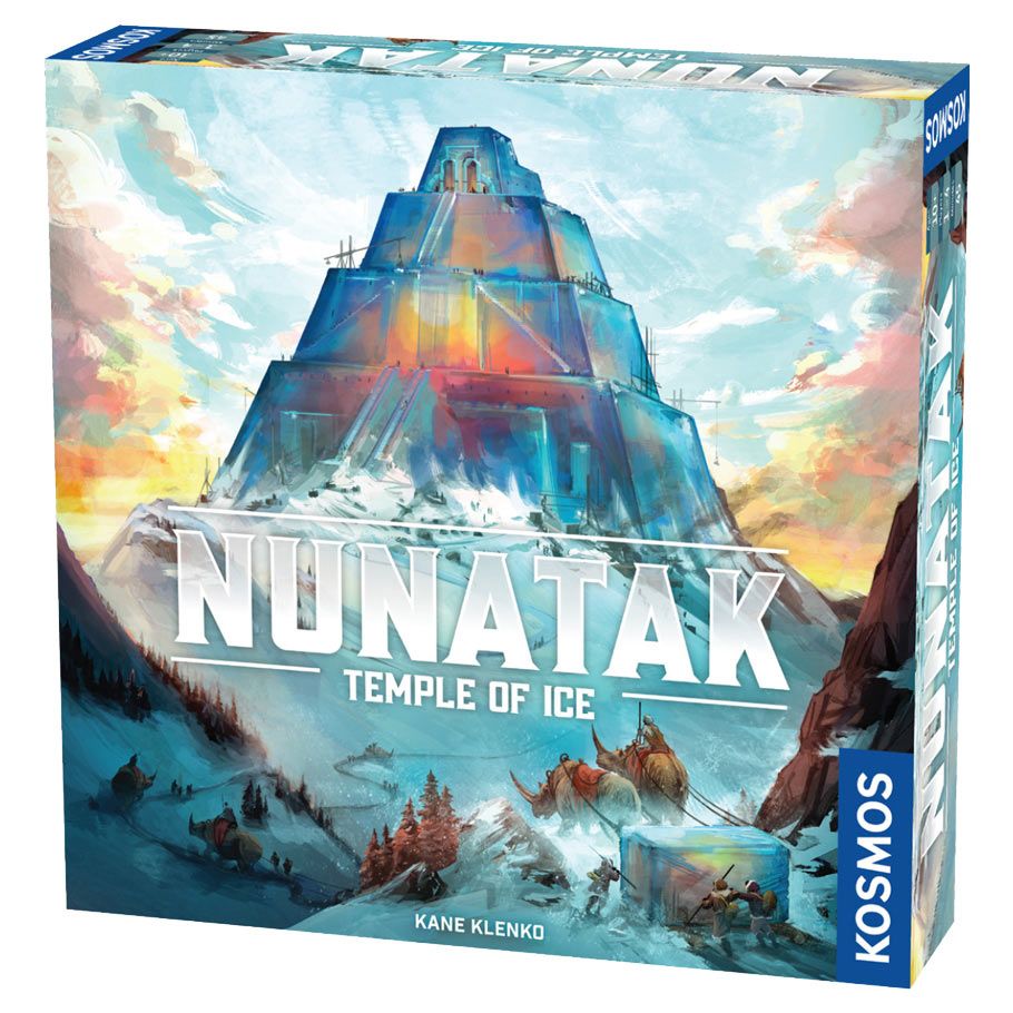 Nunatak: Temple of Ice - Board game box with icy blue temple mountain artwork, bold white title "Nunatak Temple of Ice," and KOSMOS logo on side.