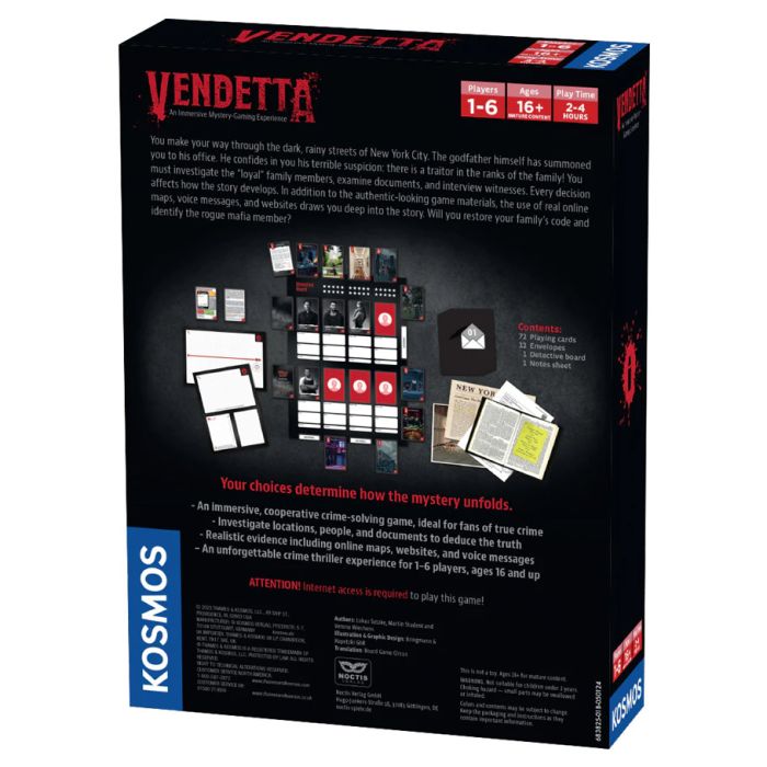 Masters of Crime: Vendetta - Vendetta with cards, tokens, and rulebook displayed on the back panel.
